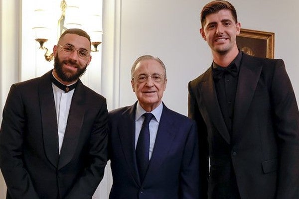 Benzema, Florentino Pérez y Courtois