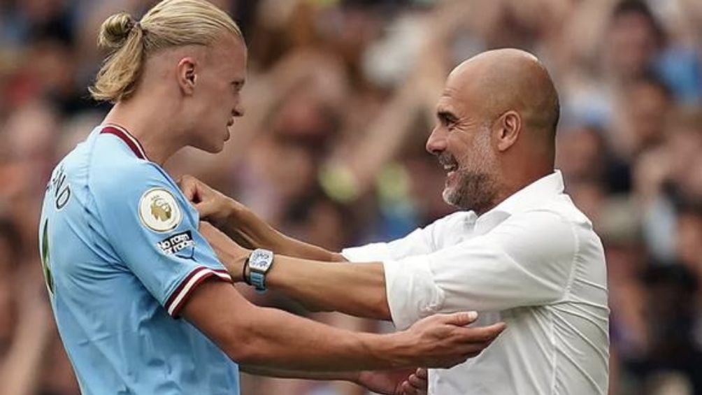 Haaland celebra gol con Guardiola