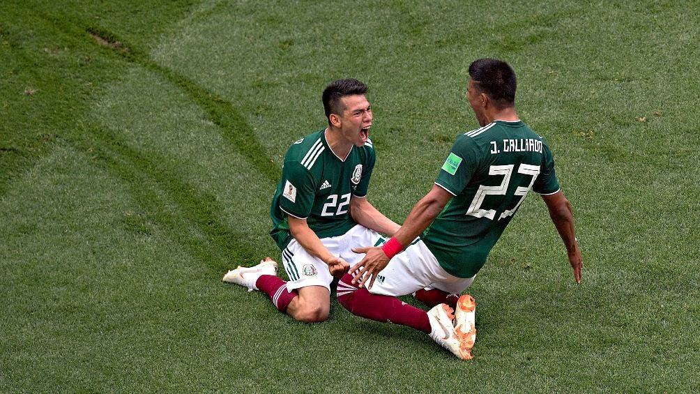 Hirving Lozano y Jesús Gallardo celebran con el Tri vs Alemania en Rusia 2018