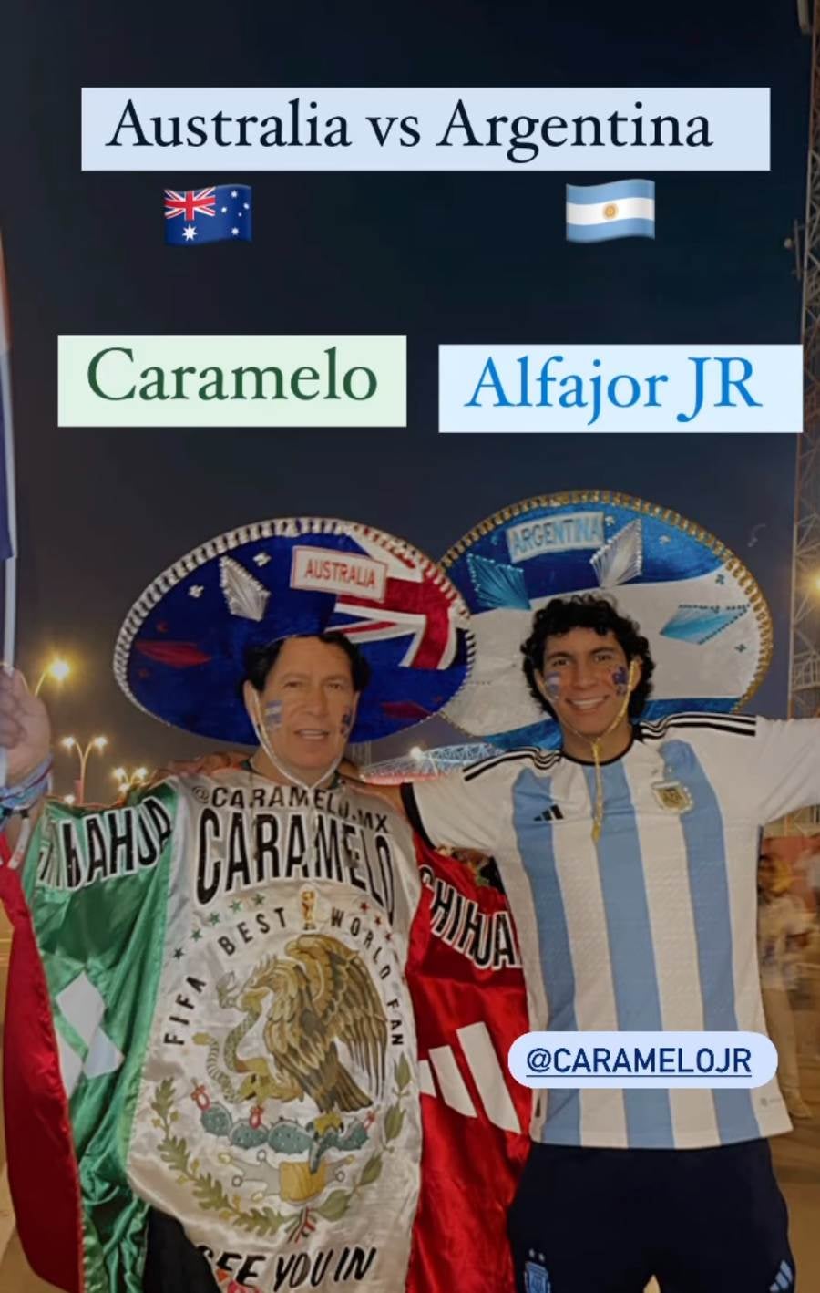 Caramelo y Caramelo Jr apoyando a Australia y Argentina