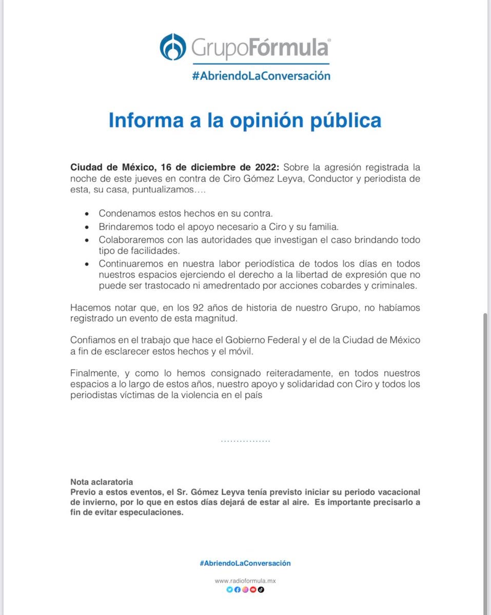 Comunicado oficial del medio de comunicación