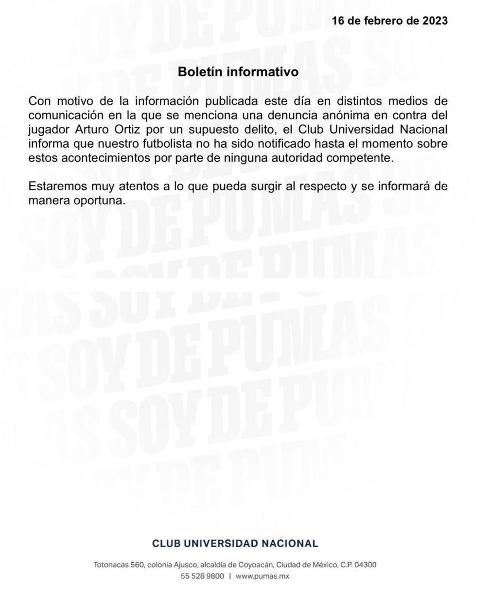 Comunicado de Pumas sobre 'Palermo' Ortiz