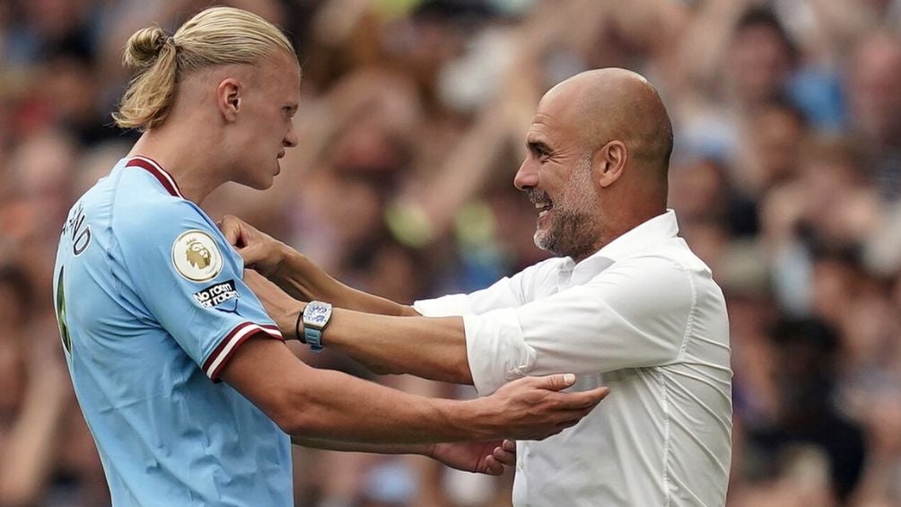 Pep celebrando un gol con Haaland