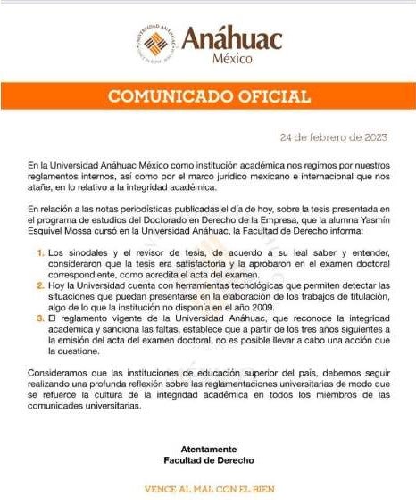 Comunicado de la Anáhuac