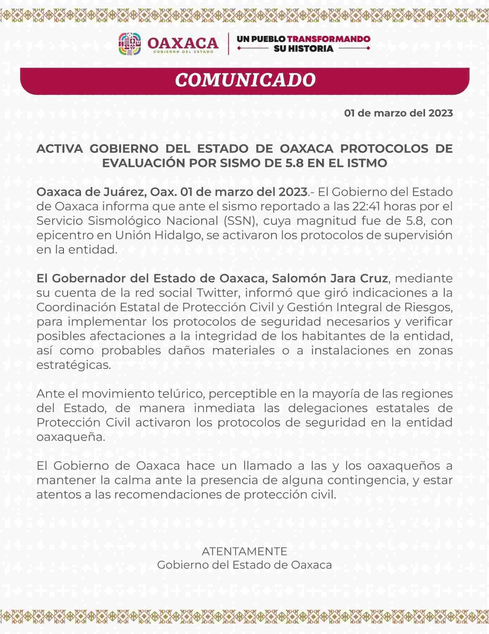 El comunicado oficial de Oaxaca