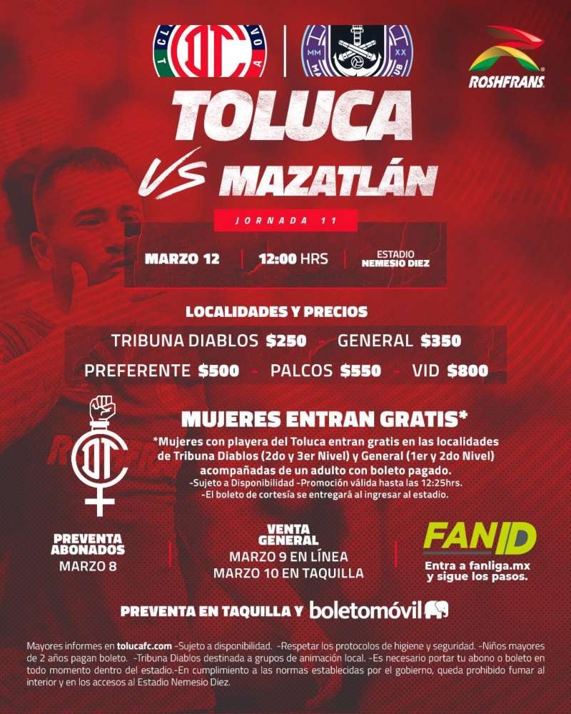 Toluca anunció que mujeres entran gratis al partido vs Mazatlán