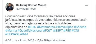 Twitter del fiscal general de Tamaulipas, Irving Barrios