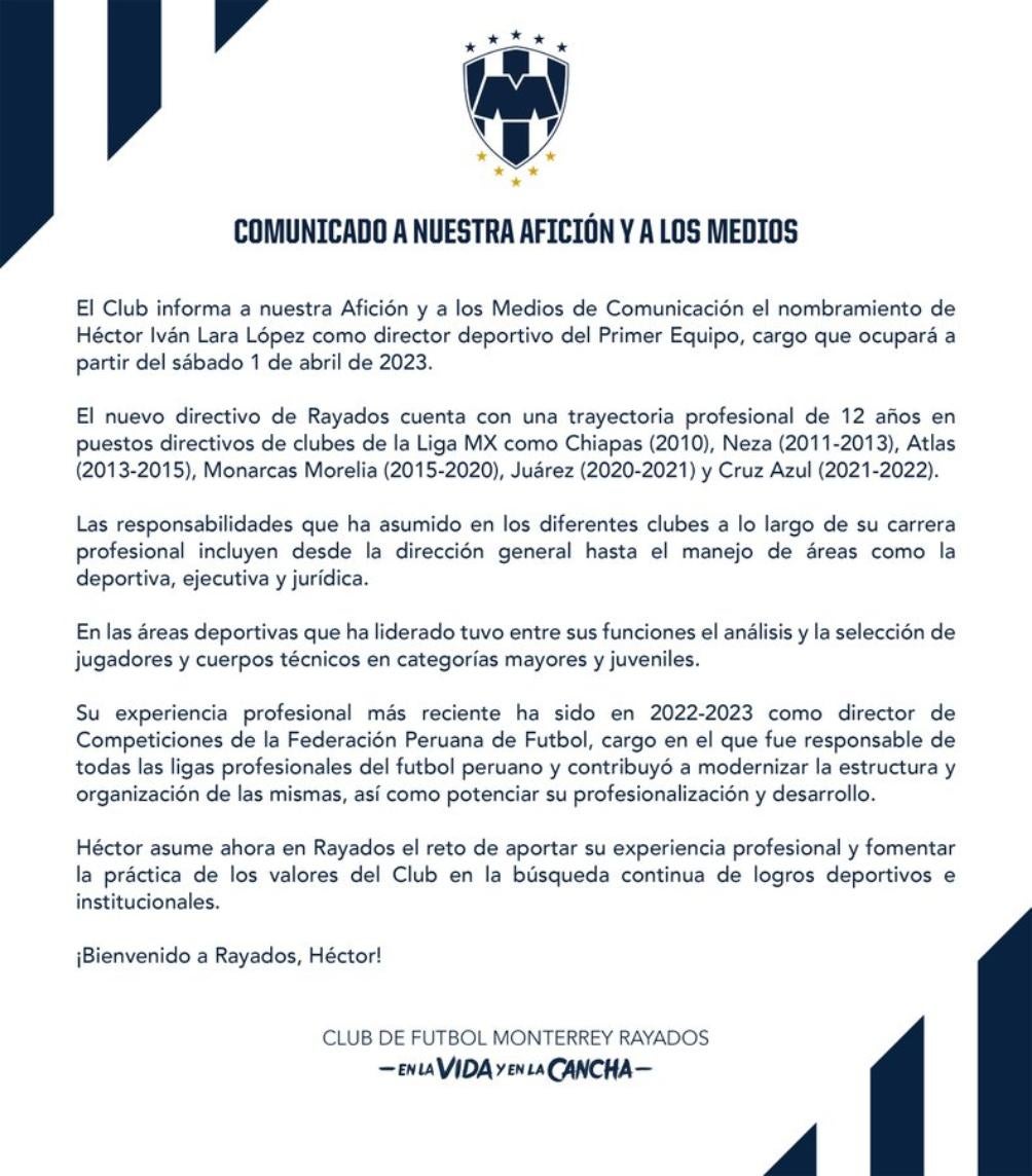 Los Rayados anunciaron la llegada de Héctor Lara