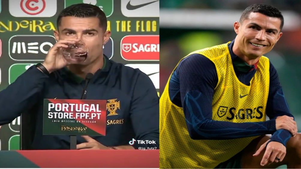 Cristiano Ronaldo bebiendo agua en conferencia de prensa