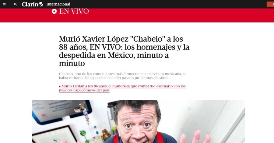 Clarín informando noticia de la muerte de Chabelo