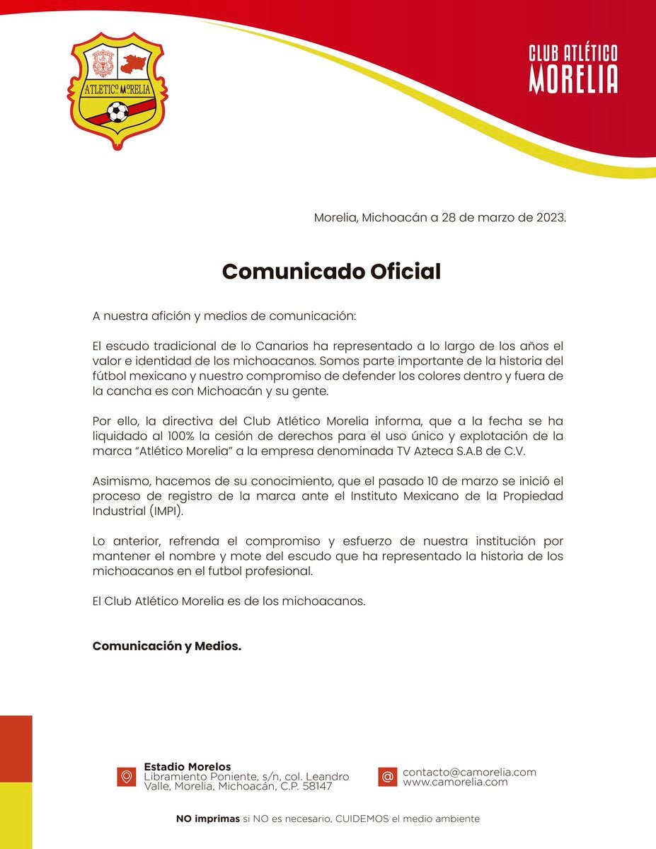 El comunicado del Atlético Morelia