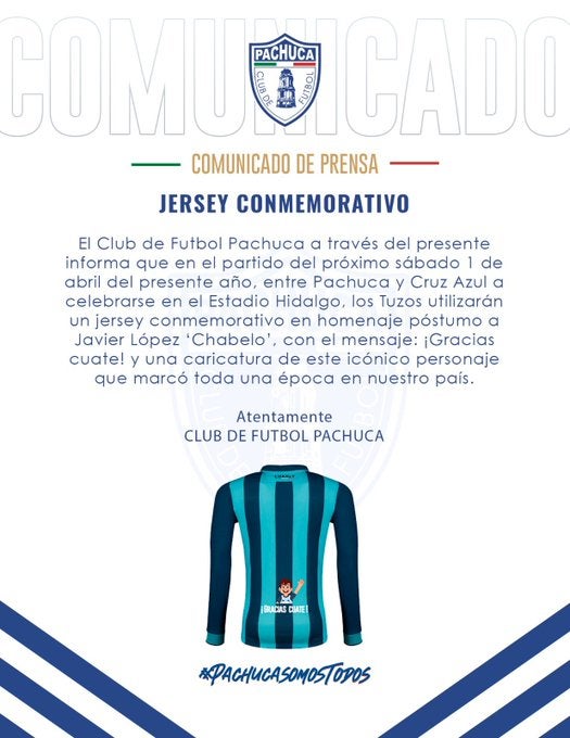 Comunicado de Pachuca sobre jersey de Chabelo