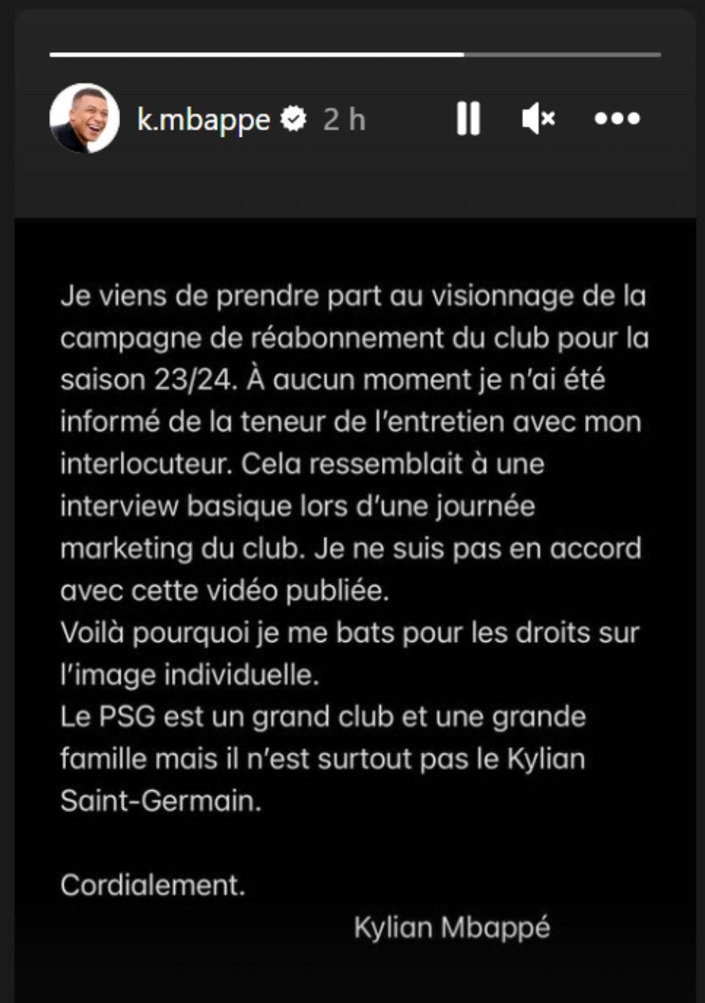 Mbappé envió un comunicado en sus stories de Instagram