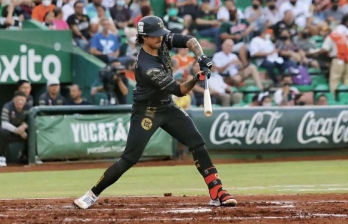 Joshua Fuentes bateando con los Leones de Yucatán