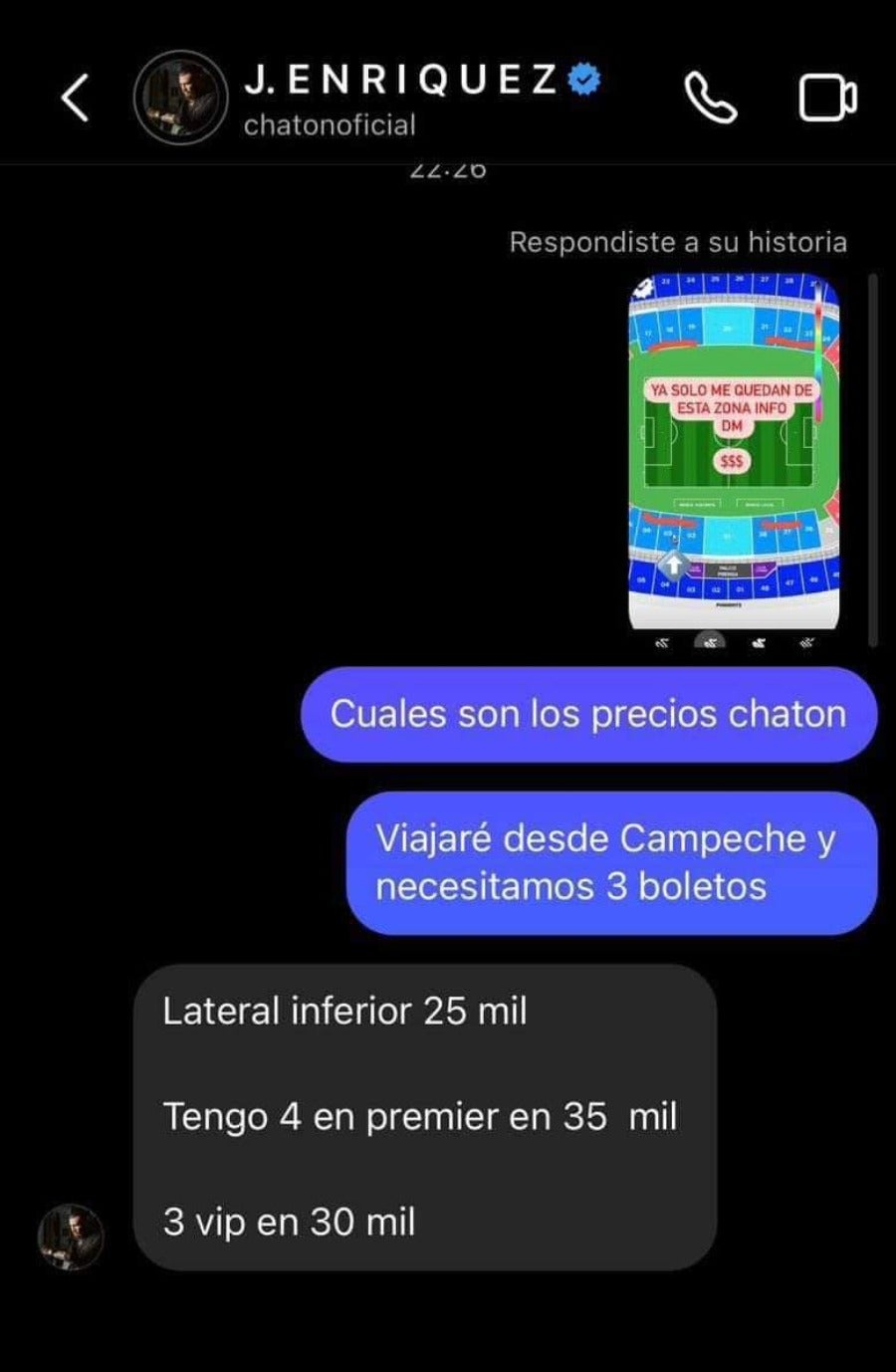 Conversación del Chatón con precio de boletos