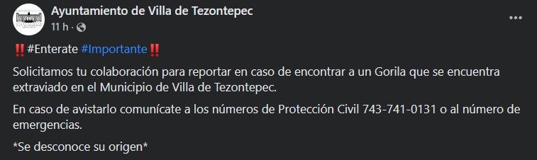 Autoridades del municipio de Villa de Tezontepec informan del hecho