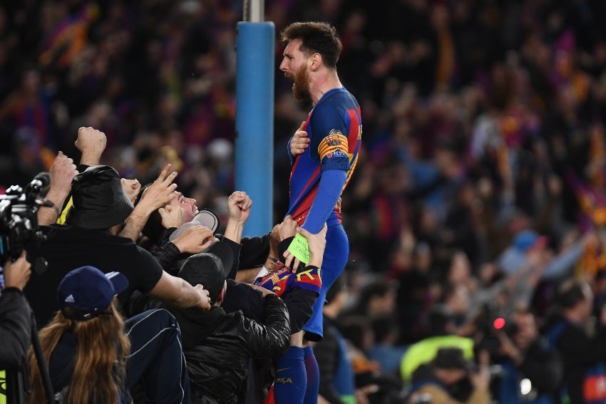 Messi en celebración de gol con el Barça