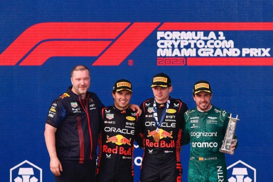 Checo Pérez, Max Verstappen y Fernando Alonso en GP de Miami