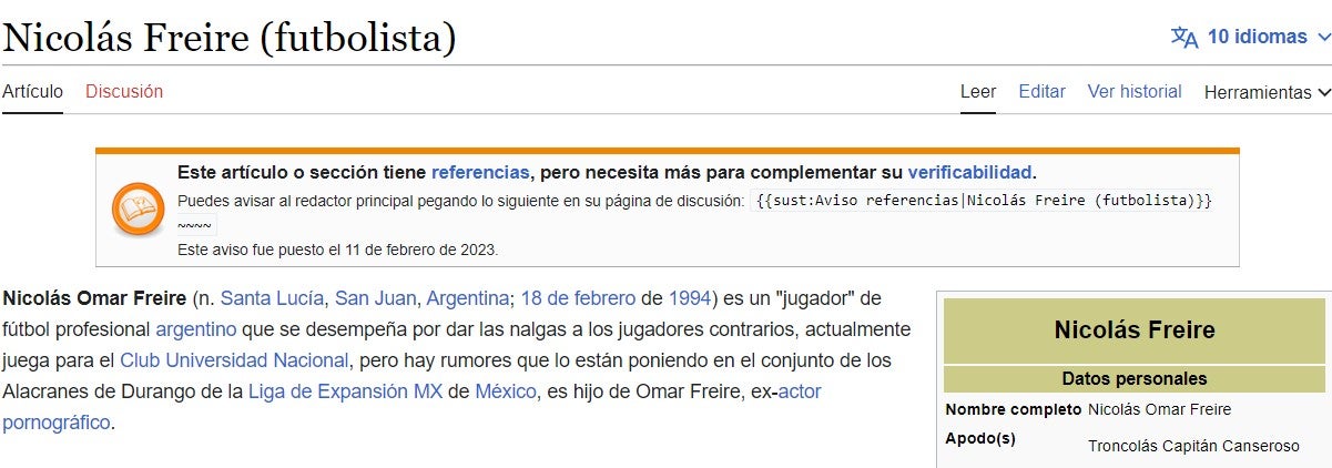 La biografía de Nico Freire en Wikipedia fue modificada 