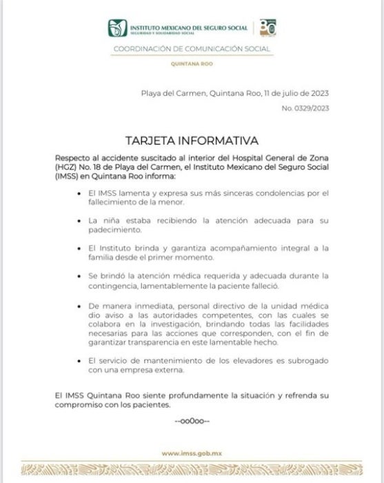 Comunicado del IMSS sobre el incidente