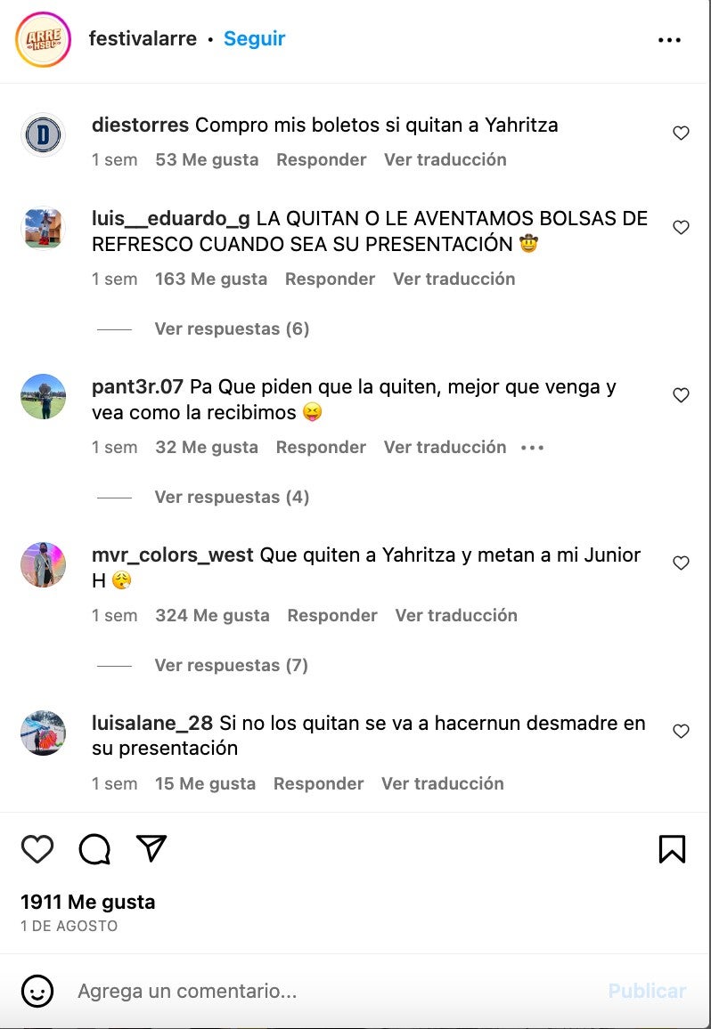 Comentarios contra Yahritza y su Esencia en el IG del Festival Arre.