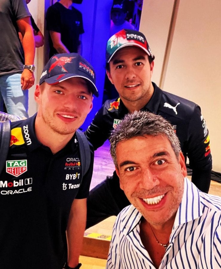 Arturo Elías Ayub con Checo Pérez y Max Verstappen