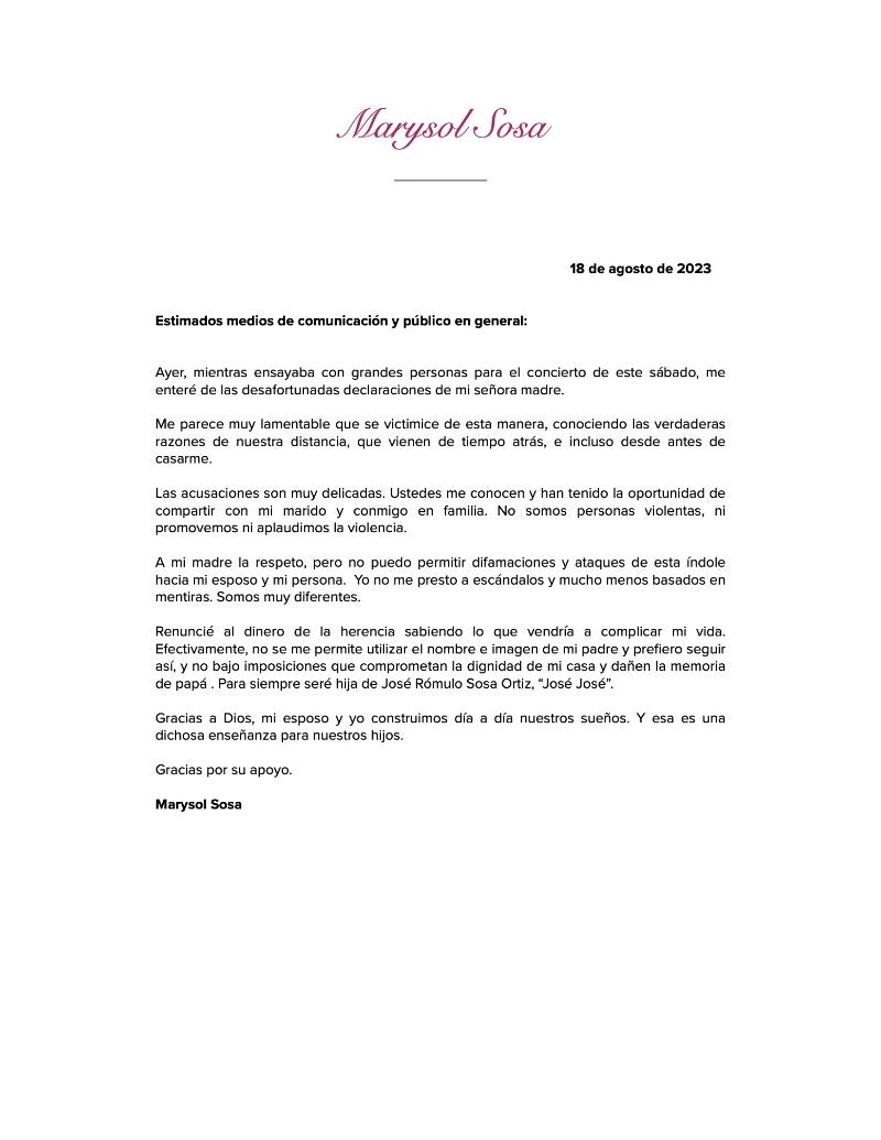 Marysol Sosa lanzó un comunicado tras la entrevista de su madre.