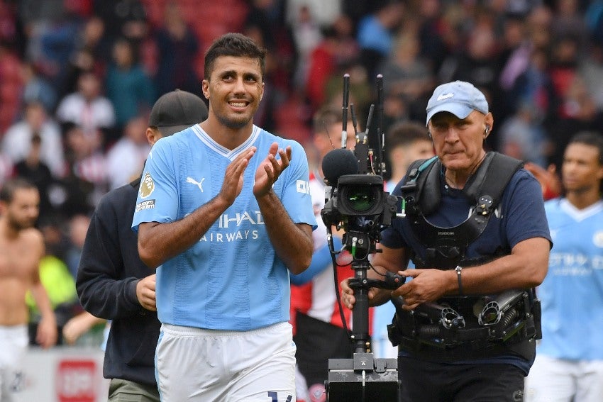 Rodri en celebración de gol con el City 