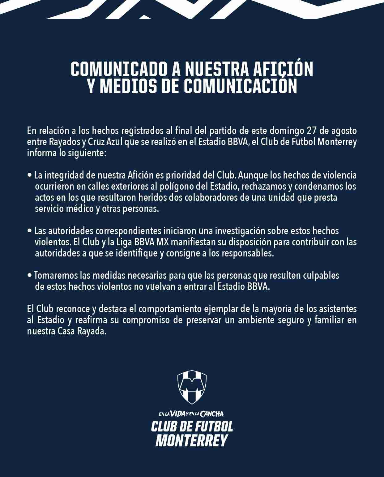 el comunicado de Rayados de Monterrey