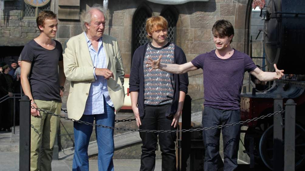 Tom Felton, Gambon, Grint y Radcliffe en el set de Harry Potter