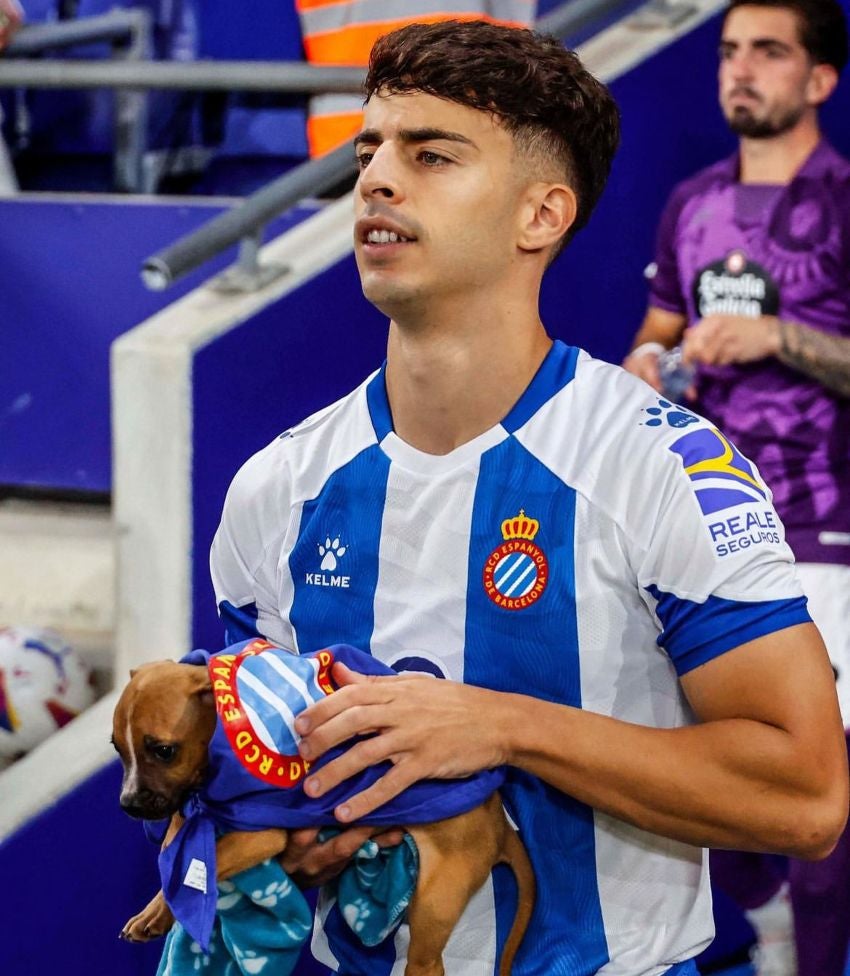 El cachorro en brazos del jugador 