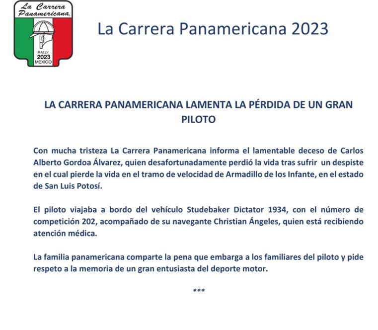 Murió piloto Carlos Gordoa durante la Carrera Panamericana