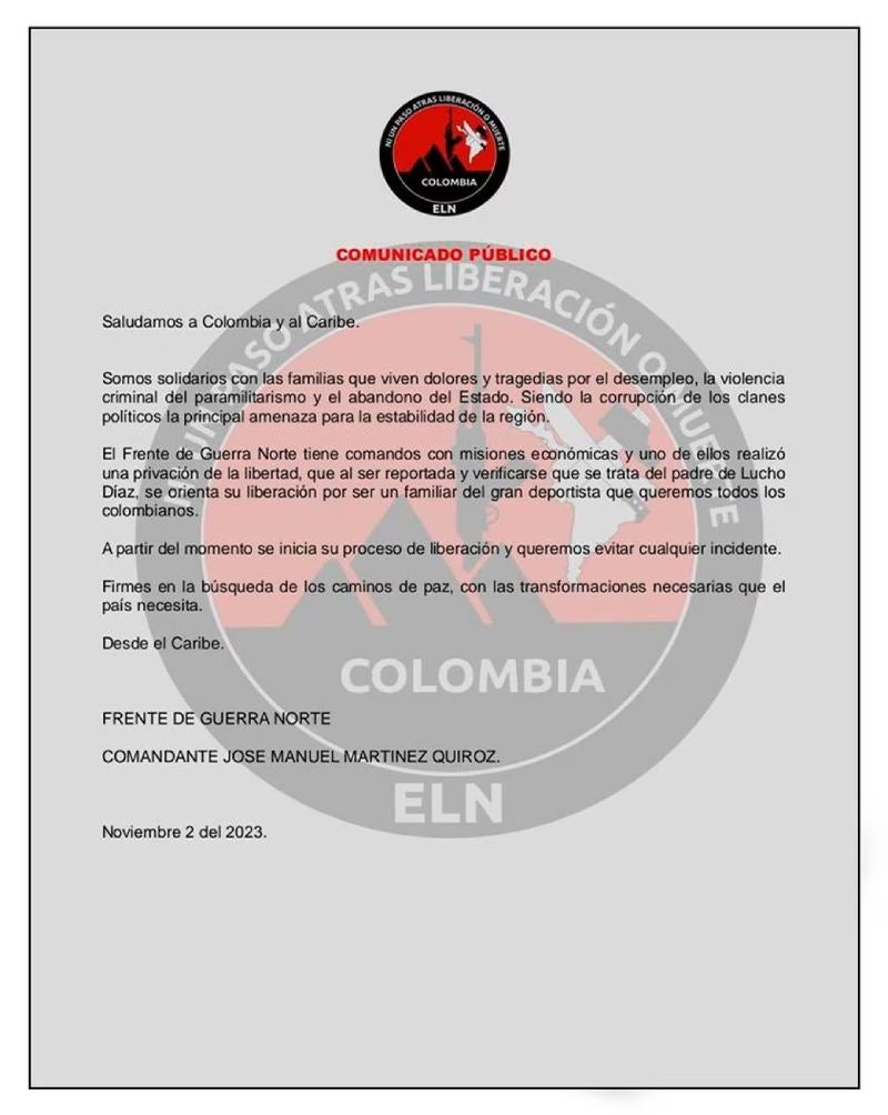 La misiva enviada por el ELN