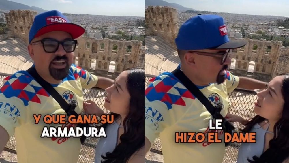 Tiktoker aficionado del América 'da clase' de los Caballeros del Zodiaco desde ruinas griegas