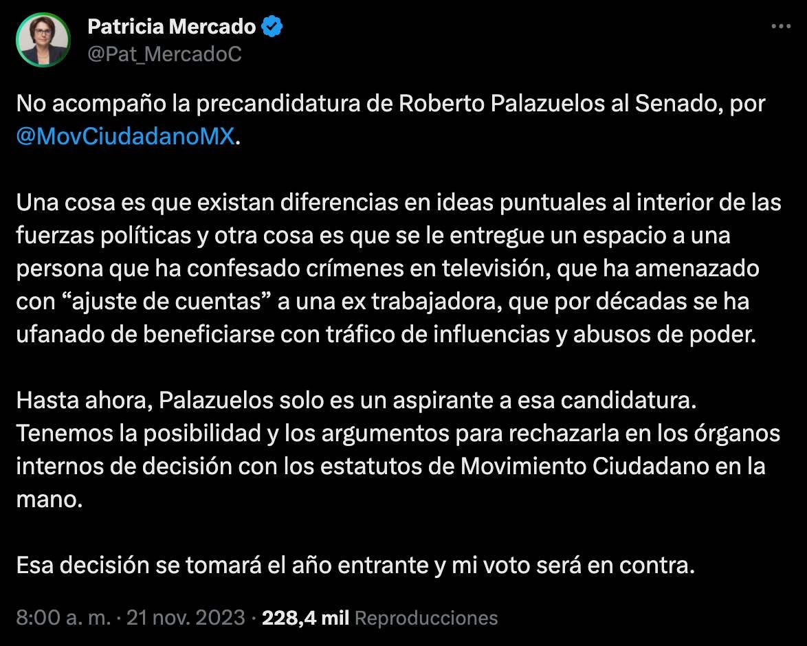 Patricia Mercado usó sus redes para dar su postura ante la precandidatura del actor.