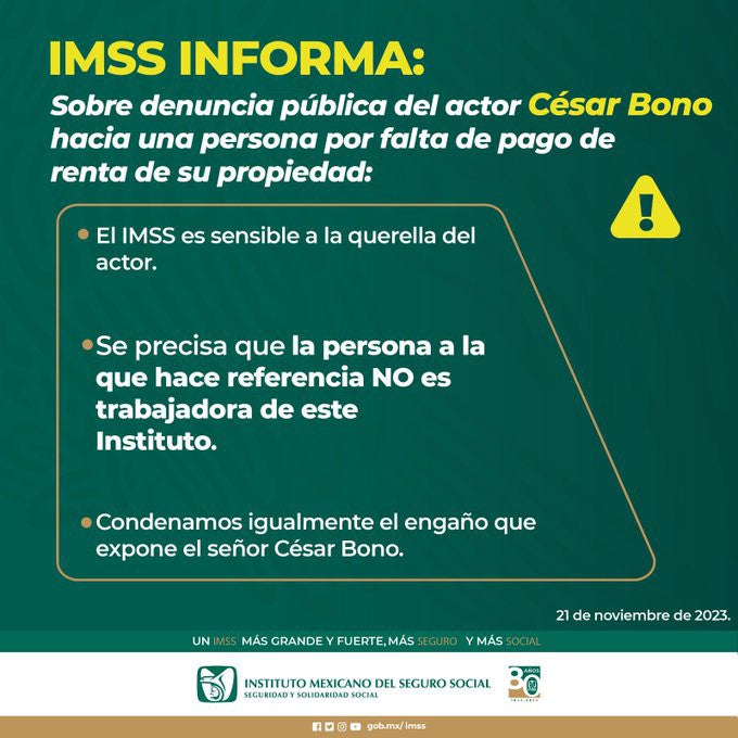 El IMSS le aclara a César Bono que la persona que denuncia públicamente no aparece en su plantilla.