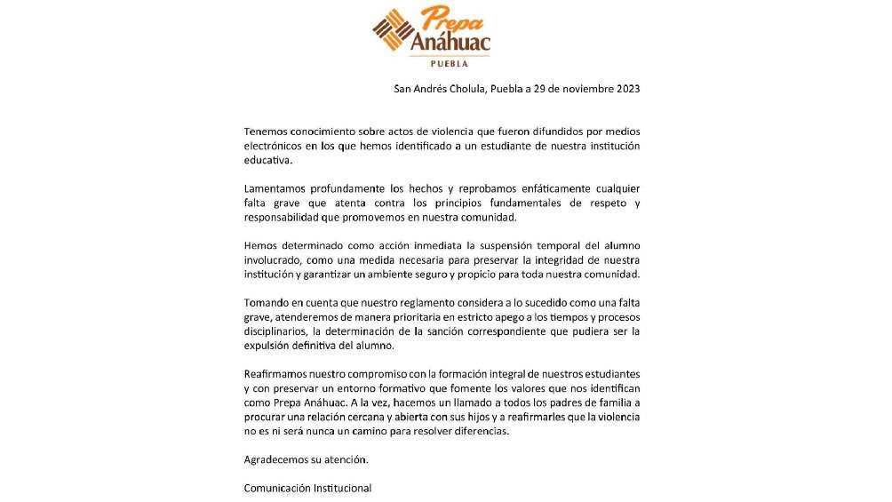 La Anáhuac lanzó un comunicado para informar del castigo a su estudiante. 