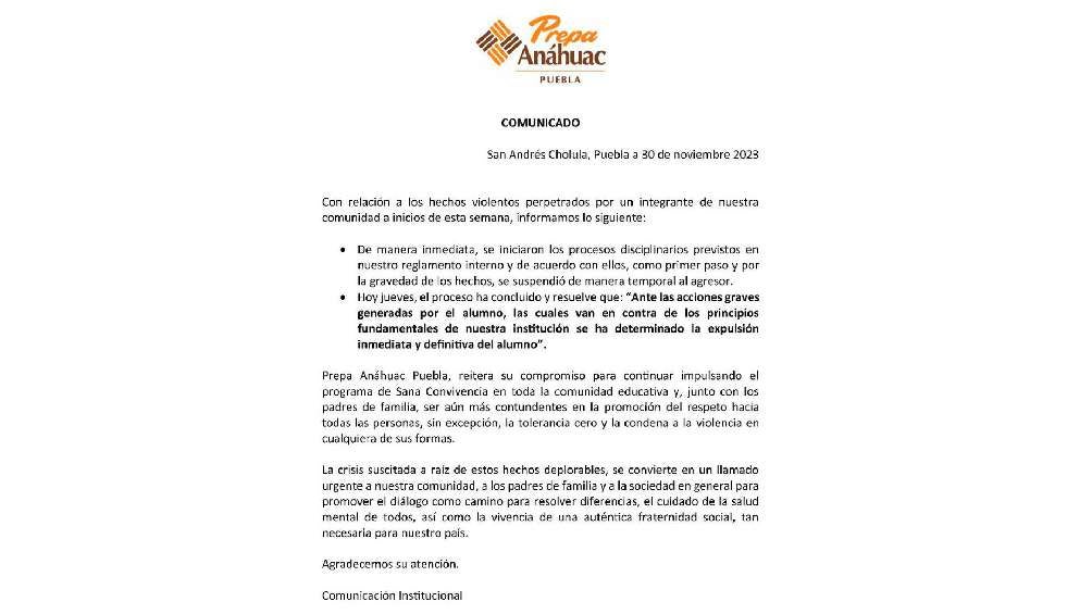 La Prepa Anáhuac Puebla informó su decisión mediante un comunicado.