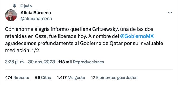 Alicia Bárcena, titular de la SRE, dio a conocer la liberación de la compañera.