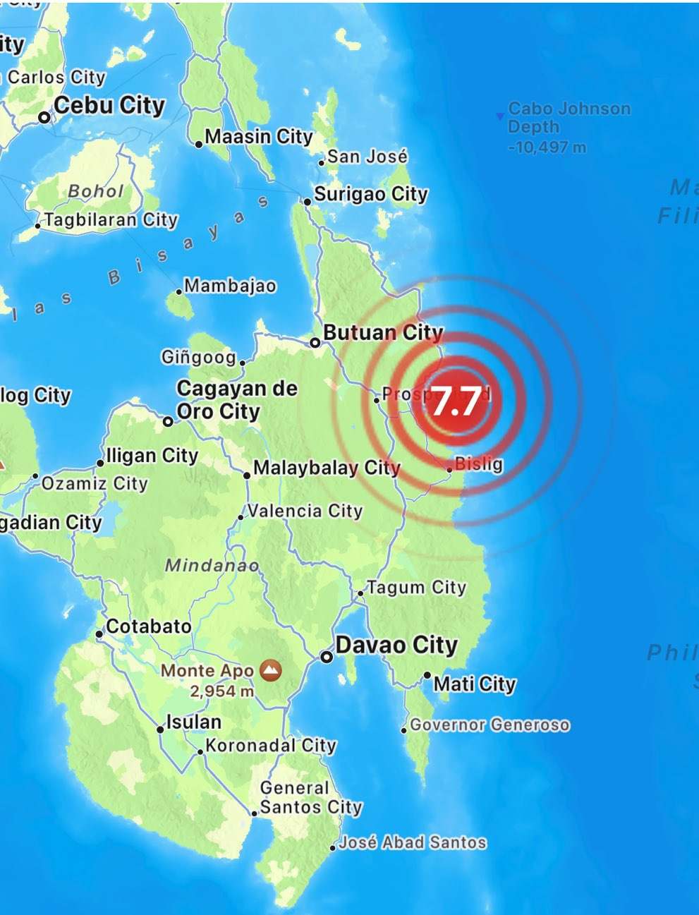 Mapa que muestra la zona donde se originó el terremoto en Filipina