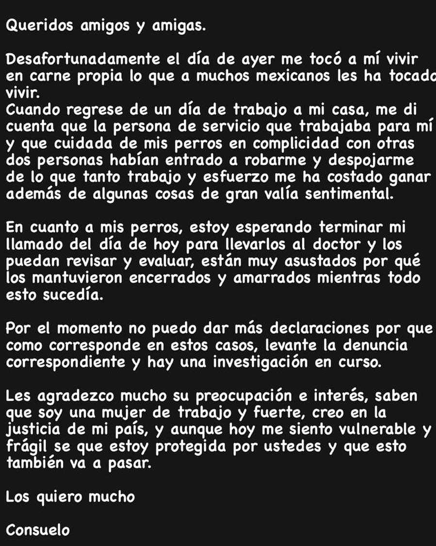 Por medio de sus redes, Consuelo dio detalles de cómo fue víctima de robo.