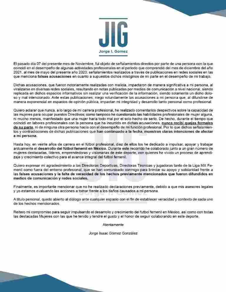 El comunicado que compartió Jorge Gómez