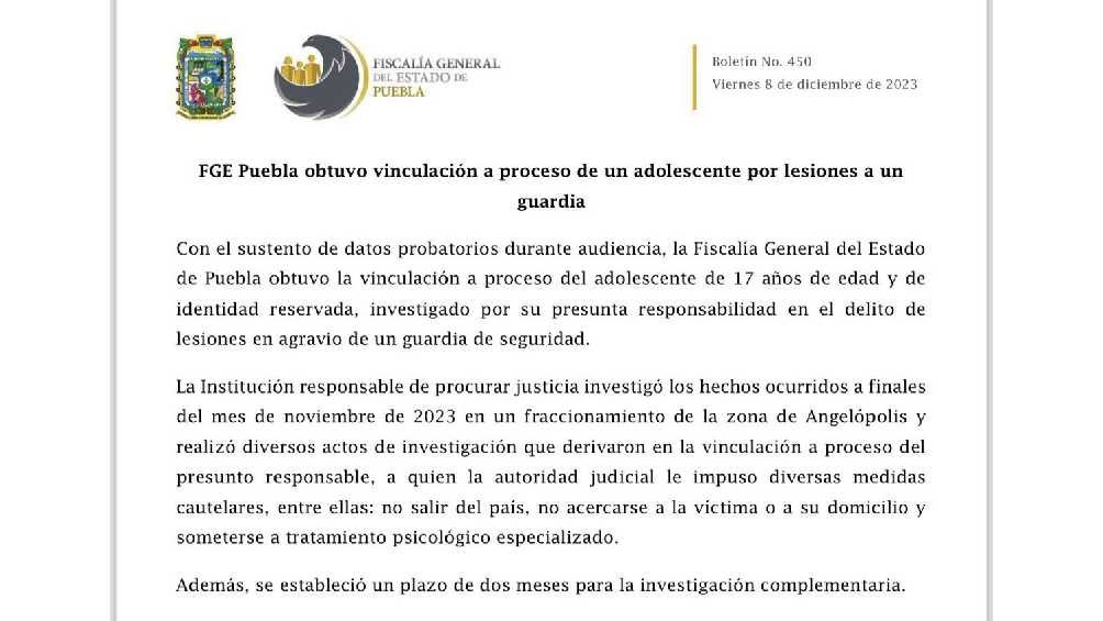 La Fiscalía de Puebla dio a conocer su decisión tras la audiencia de este viernes.