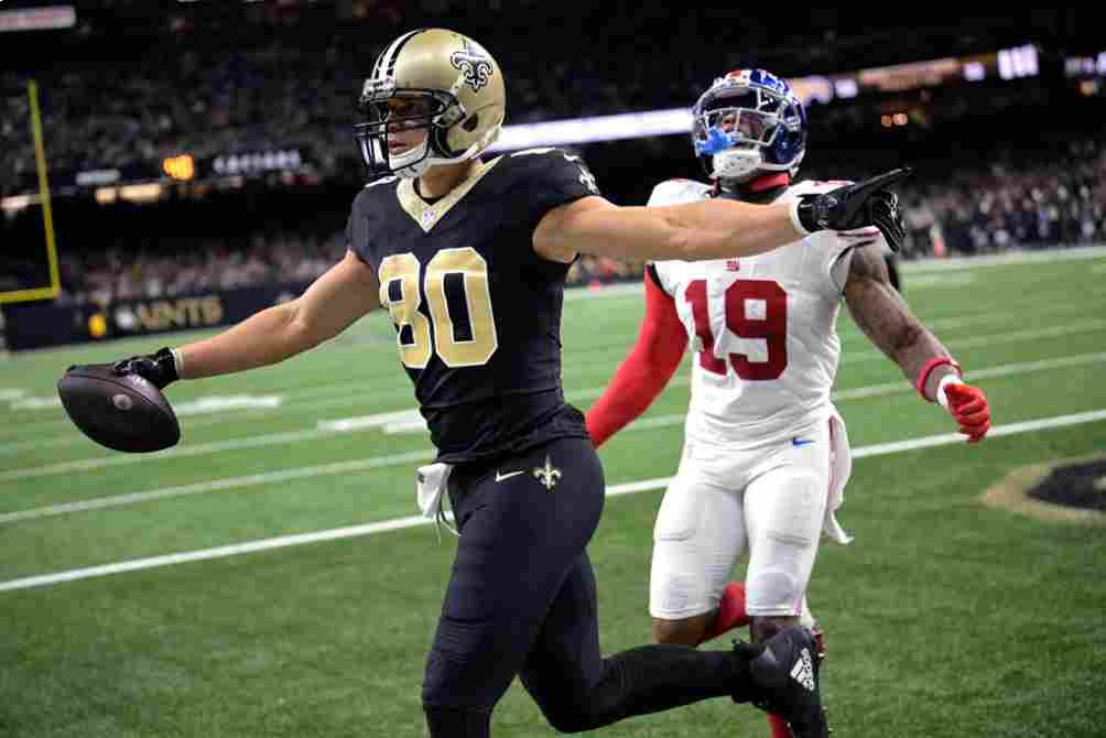 Jimmy Graham celebra tras su anotación ante los Giants