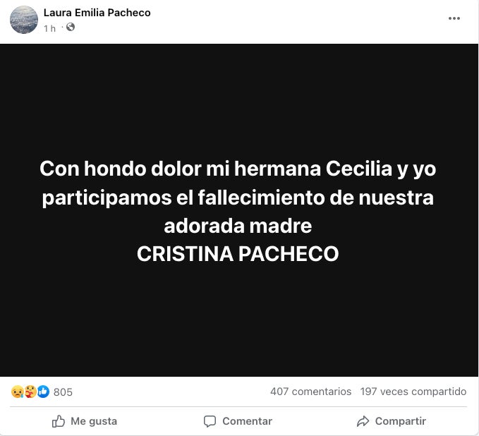 Su hija fue la primera en dar a conocer el fallecimiento de la periodista.