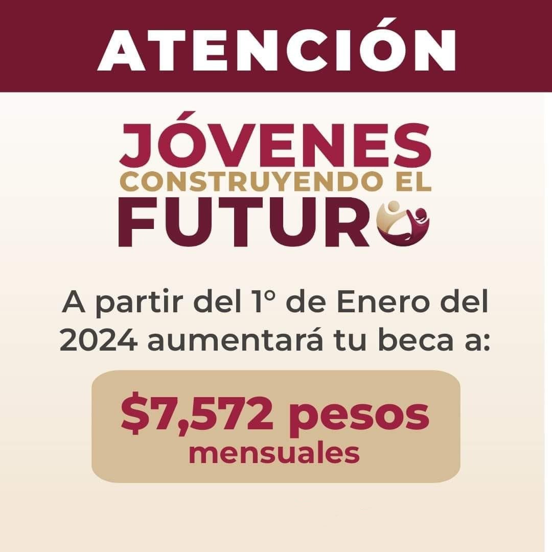 La beca pasará para el próximo año de 6 mil 310 a 7 mil 572 pesos.