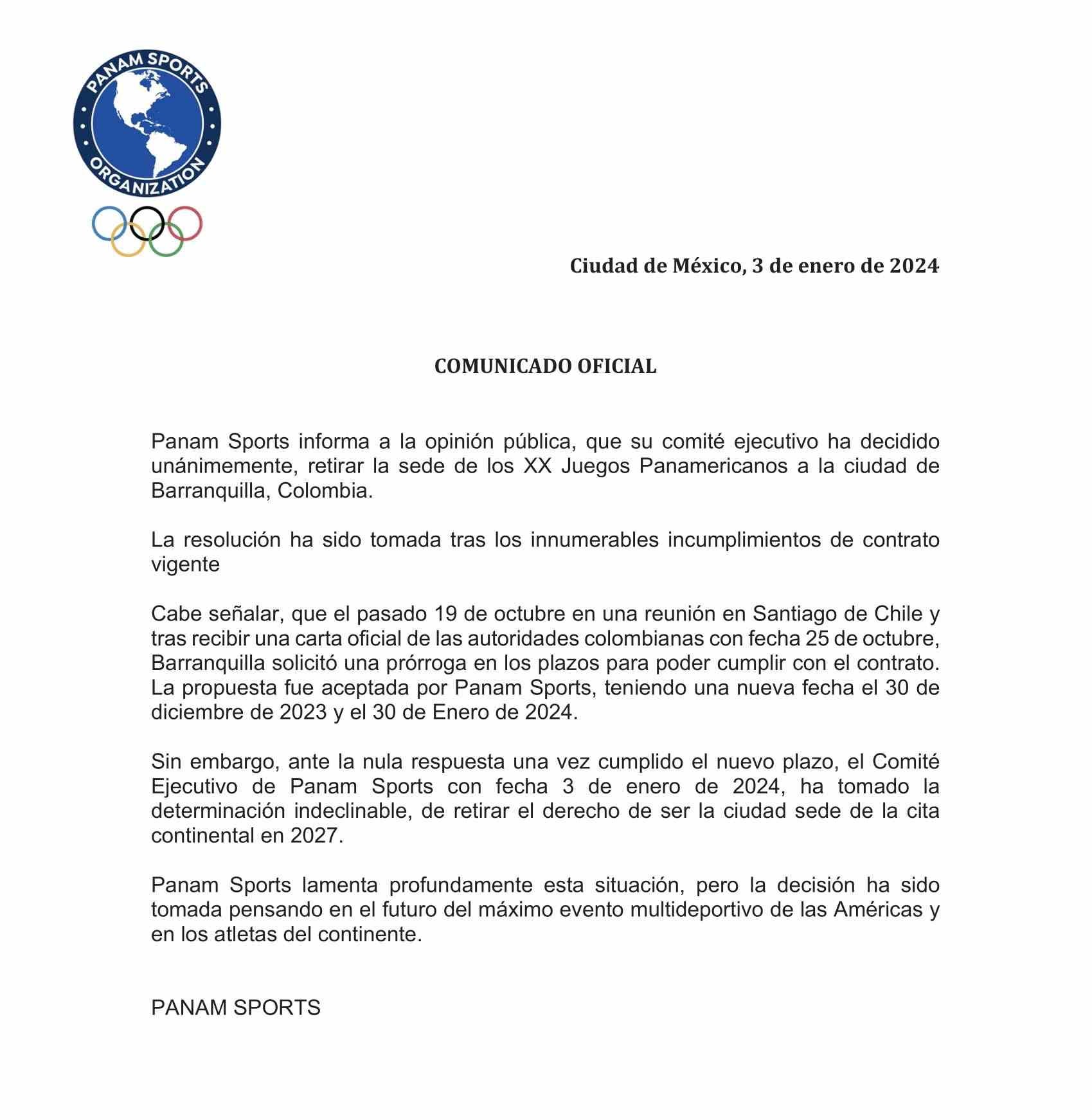 Este es el comunicado que liberó Panam Sports