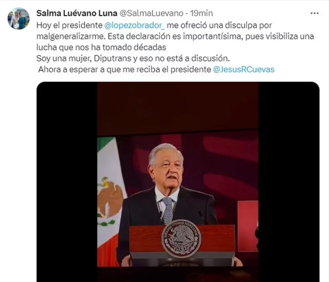 Publicación de Salma Luévano en X