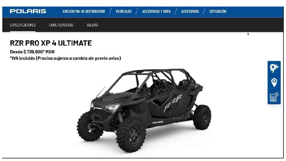 El Rrz de la marca Polaris tiene un costo de 739 mil 900 pesos. 