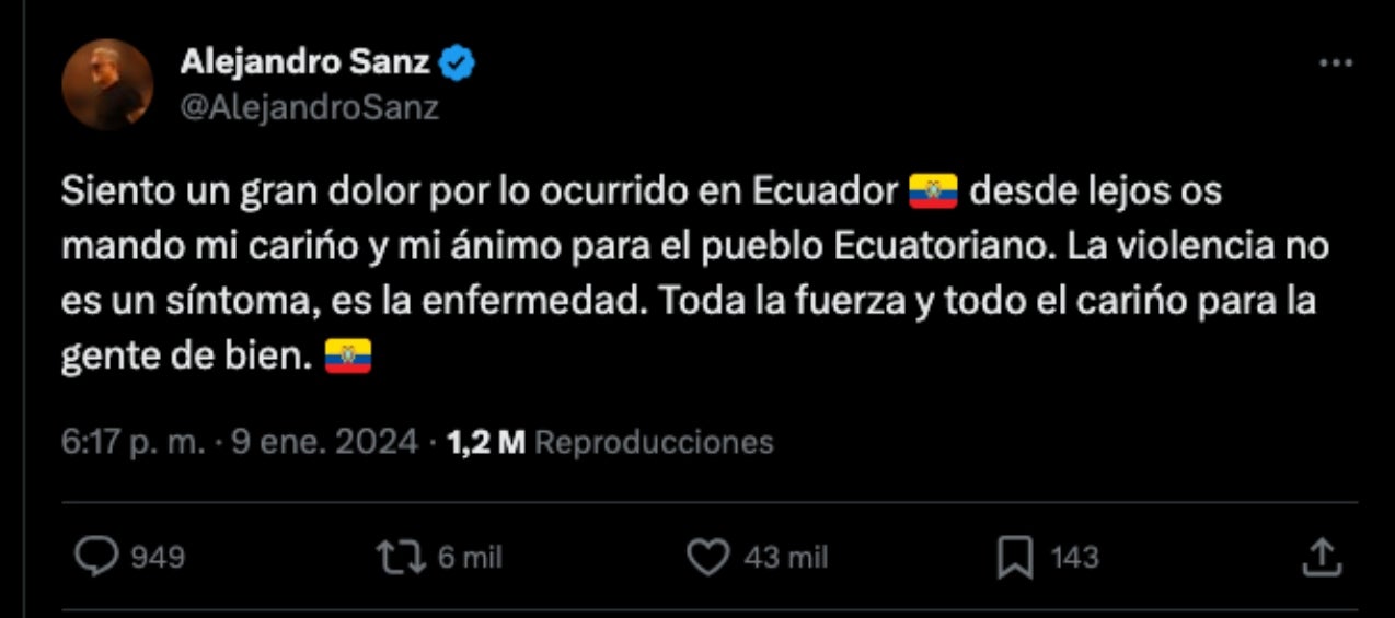 El español Alejandro Sanz lamentó lo ocurrido en Ecuador. 